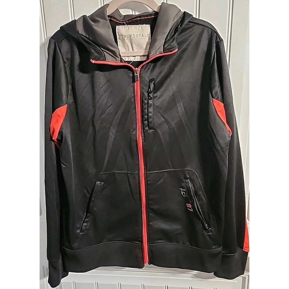 Aeropostale A87 Sz L Black Red Full Zip Hoodie Retro Streetwear Skater Athletic